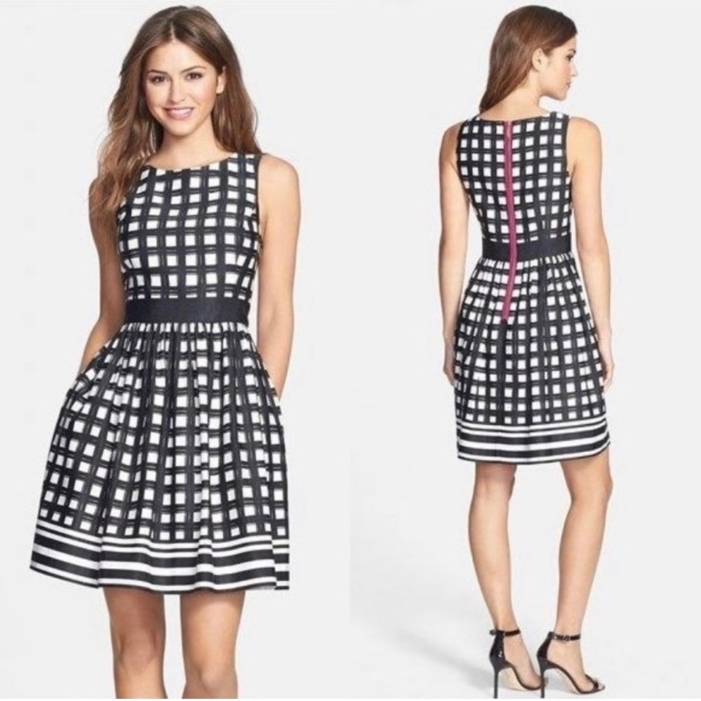 Eliza J Fit & Flare Black and White Checkered Dress